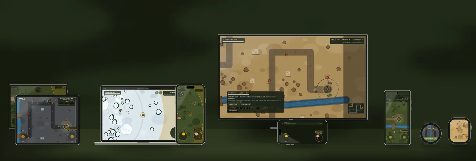 Panzergefecht auf Laptop, iPad, Android-Tablet, Fernseher mit Handy als Controller, iPhone, Android-Handy, Wear-OS-Uhr und Apple Watch